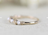 Vintage Rose Bud Ring White Fresh Pearl Solid 14k Rose, Yellow Gold Wedding Band