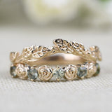 Vintage Rose Bud Ring Green sapphire Solid 14k Yellow Gold Wedding Band