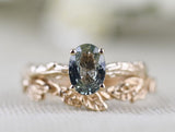 Tree texture Olive Green Sapphire Solid 14k Gold Engagement Ring