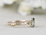 Tree texture Olive Green Sapphire Solid 14k Gold Engagement Ring