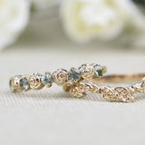 Vintage Rose Bud Ring Green sapphire Solid 14k Yellow Gold Wedding Band