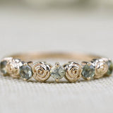 Vintage Rose Bud Ring Green sapphire Solid 14k Yellow Gold Wedding Band
