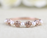 Vintage Rose Bud Ring White Fresh Pearl Solid 14k Rose, Yellow Gold Wedding Band