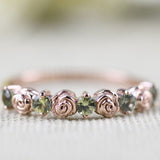 Vintage Rose Bud Ring Green sapphire Solid 14k Yellow Gold Wedding Band