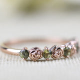 Vintage Rose Bud Ring Green sapphire Solid 14k Yellow Gold Wedding Band