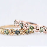 Vintage Rose Bud Ring Green sapphire Solid 14k Yellow Gold Wedding Band