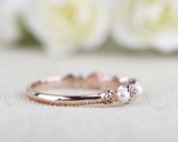 Vintage Rose Bud Ring White Fresh Pearl Solid 14k Rose, Yellow Gold Wedding Band