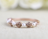 Vintage Rose Bud Ring White Fresh Pearl Solid 14k Rose, Yellow Gold Wedding Band