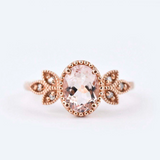 Pink-peach Oval Morganite Ring, Vintage Leaf Design Engagement Ring, white diamond solid rose gold ring