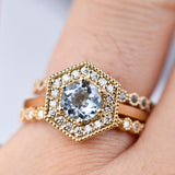 Round Aquamarine White Diamond Hexagon Halo 14k Solid gold Engagement Ring