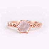 Hexagon Rose Quartz Engagement ring Diamond art Deco band 14k rose solid gold ring