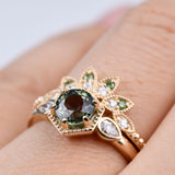 Art Deco Green Sapphire Hexagon Engagement Ring 14k Solid Yellow Gold Diamond  Ring