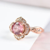The queen of Floral Pink Tourmaline engagement ring , White diamond 14k Rose Gold Vintage Ring