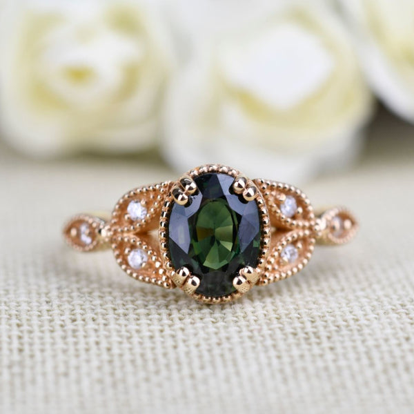 Olive Green Sapphire Floral Engagement Ring. Solid 14k Yellow Gold White Diamond Ring