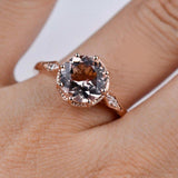 art deco design, 8 mm round morganite Engagement ring, 14k rose gold white diamond pink sapphire vintage ring