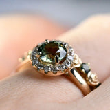 6mm Round Olive Green Sapphire Vintage Engagement Ring White Diamond Halo solid 14k Yellow Gold ring