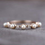 Art Deco Honeycomb Design Creamy White Fresh pearl and Diamond 14k Solid Gold Ring