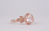 Pink-peach Oval Morganite Ring, Vintage Leaf Design Engagement Ring, white diamond solid rose gold ring