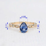 Blue Sapphire Pear Shape Engagement Ring Art Deco Style Diamond 14k Yellow Gold Ring
