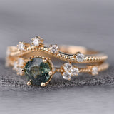 Stunning Green Sapphire and White Diamond 14K Solid Yellow Gold Floral Bridal Set
