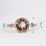 art deco design, 8 mm round morganite Engagement ring, 14k rose gold white diamond pink sapphire vintage ring