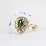 Rose Cut Pear Shape Green Diamond Cognac Diamond Halo 14k Solid Rose Gold Engagement Ring