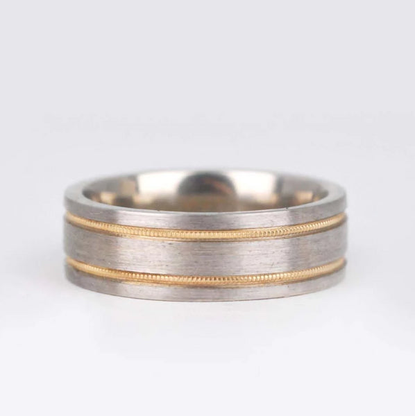 Hand made two tones milgrain men's wedding band Brushed finish solid white gold with yellow gold ring