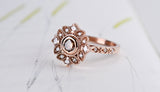 Floral & Vintage Engagement ring Cognac Diamond 14k solid rose gold and white Diamond