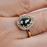 Rose Cut Pear Shape Green Diamond Cognac Diamond Halo 14k Solid Rose Gold Engagement Ring