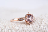 art deco floral vintage Engagement ring  6.5mm round pink morganite 14k solid rose gold ring