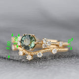 Stunning Green Sapphire and White Diamond 14K Solid Yellow Gold Floral Bridal Set