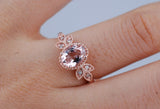 Pink-peach Oval Morganite Ring, Vintage Leaf Design Engagement Ring, white diamond solid rose gold ring
