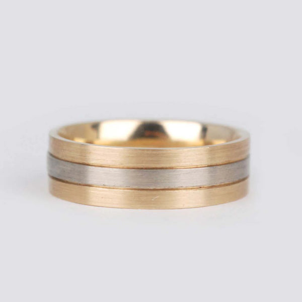 Vintage Handmade Two-Tone Solid Gold Men's Wedding Band White gold Yellow gold Brush Finished Gent's Ring