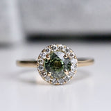 6mm Round Olive Green Sapphire Vintage Engagement Ring White Diamond Halo solid 14k Yellow Gold ring