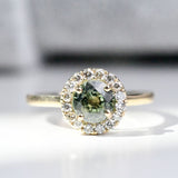 6mm Round Olive Green Sapphire Vintage Engagement Ring White Diamond Halo solid 14k Yellow Gold ring