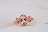 Pink-peach Oval Morganite Ring, Vintage Leaf Design Engagement Ring, white diamond solid rose gold ring