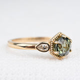 Art Deco Green Sapphire Hexagon Engagement Ring 14k Solid Yellow Gold Diamond  Ring