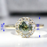 6mm Round Olive Green Sapphire Vintage Engagement Ring White Diamond Halo solid 14k Yellow Gold ring