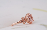 Pink-peach Oval Morganite Ring, Vintage Leaf Design Engagement Ring, white diamond solid rose gold ring