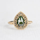 Rose Cut Pear Shape Green Diamond Cognac Diamond Halo 14k Solid Rose Gold Engagement Ring