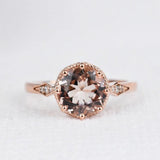 art deco design, 8 mm round morganite Engagement ring, 14k rose gold white diamond pink sapphire vintage ring