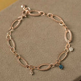 Vintage Links with Snow Flack Charms Bracelet, 14k Solid Rose Gold Diamond Charms Daily Bracelet
