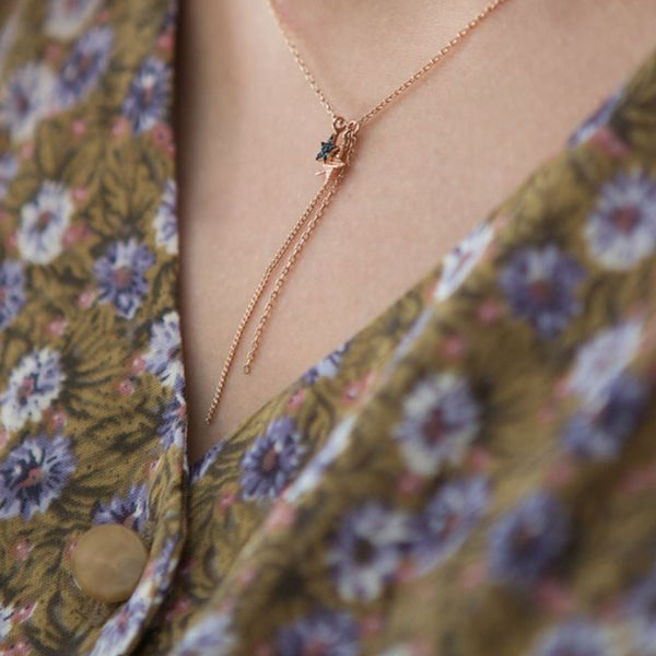 Bohemian Duo Star Charm Necklace, 14k rose gold blue diamond  Daily Necklace