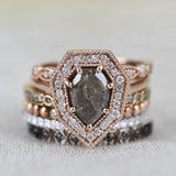 Kite Brown Diamond Vintage Ring 14K Solid Rose Gold White Diamond Halo Engagement Ring
