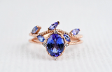 Vintage hand made Tanzanite Engagement ring 1.2 ct oval natural tanzanite , white diamond , solid rose gold yellow gold white gold ring
