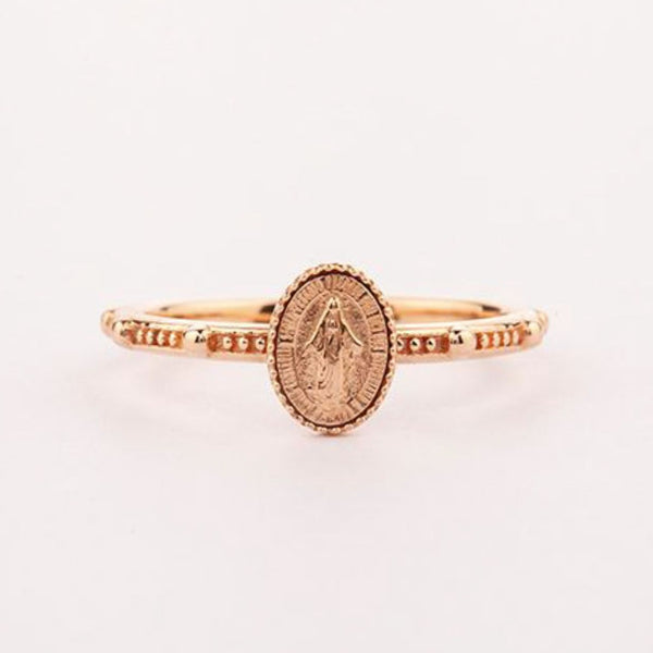Virgin Mary Rosary ring, Solid 10K, 14K rose gold ring