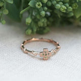 Green Cross Rosary Ring, Solid 14k Rose Gold Rope Ring