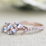Gorgeous vintage aquamarine leaf and white diamond band rose gold yellow gold wedding band