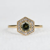 Hexagon Art Deco, Natural Green Round Sapphire Engagement Ring, 14k Yellow Gold White Diamond ring
