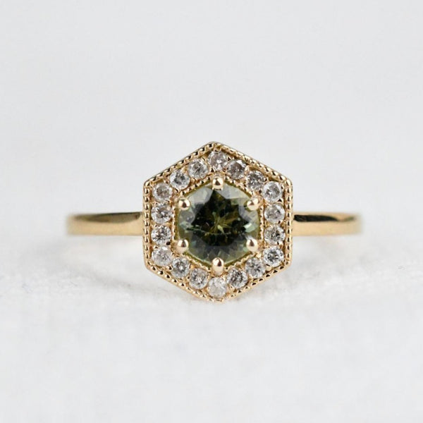 Hexagon Art Deco, Natural Green Round Sapphire Engagement Ring, 14k Yellow Gold White Diamond ring